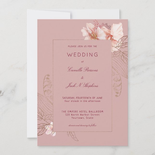 Invitación Boda de Tracería Rosada Tropical (Anverso)
