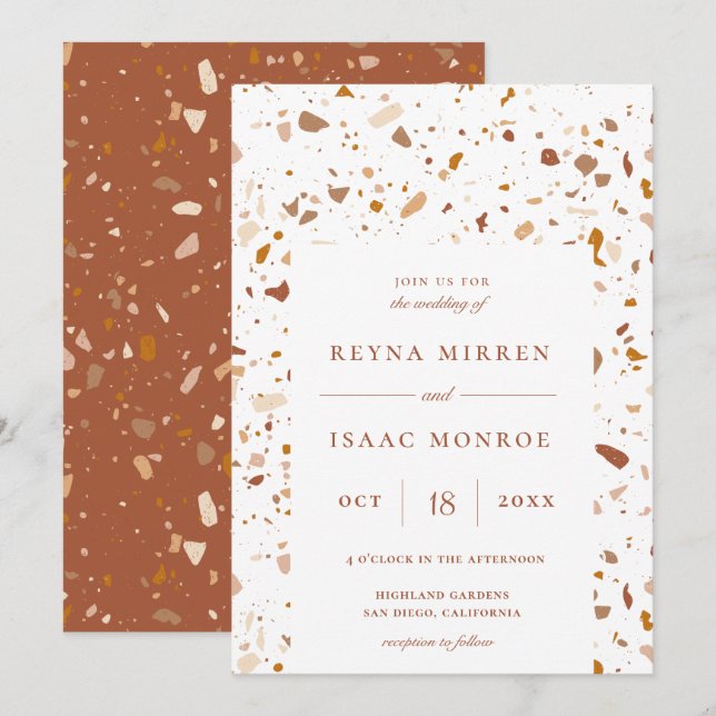 Invitación Boda de tramas artesanal Earthy Terrazzo (Anverso / Reverso)
