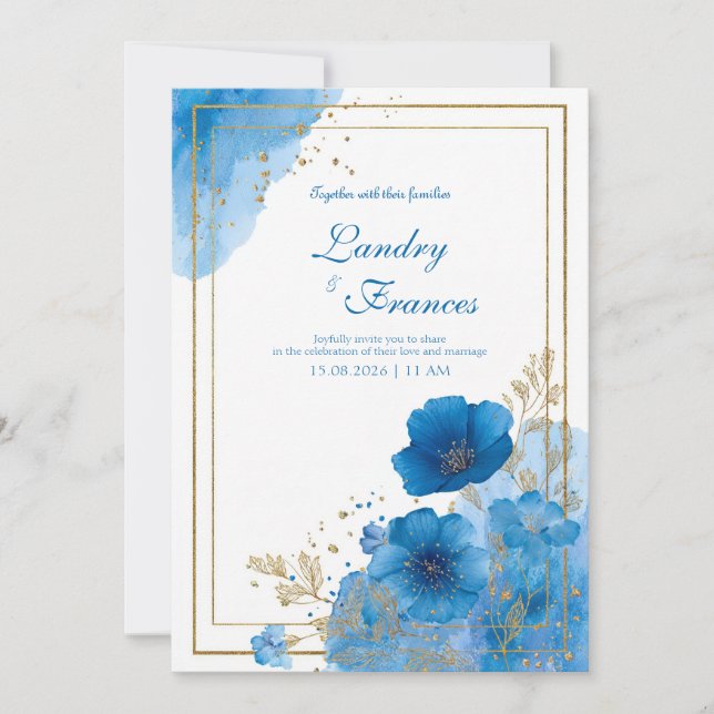 Invitación Boda de tramas azul azulado y dorado (Anverso)