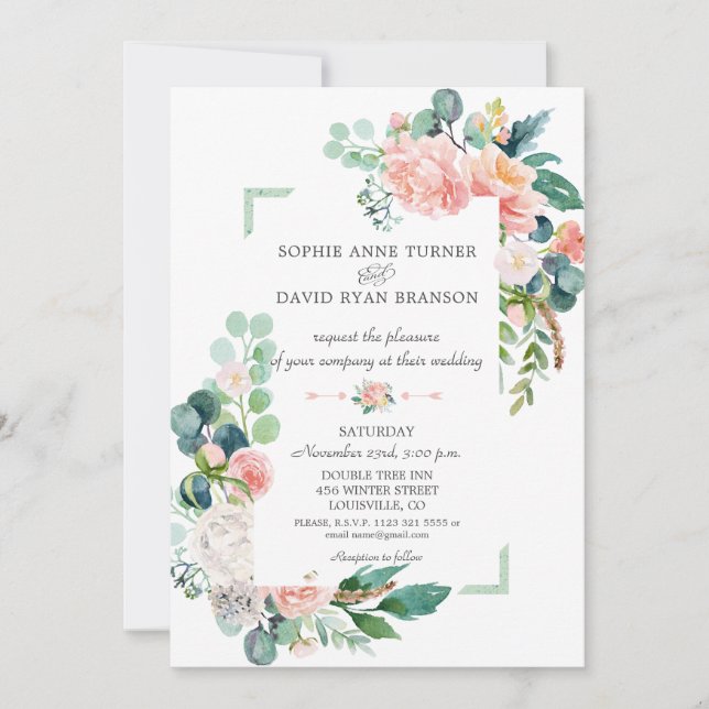 Invitación Boda de tramas de color Rubor White Peonies (Anverso)