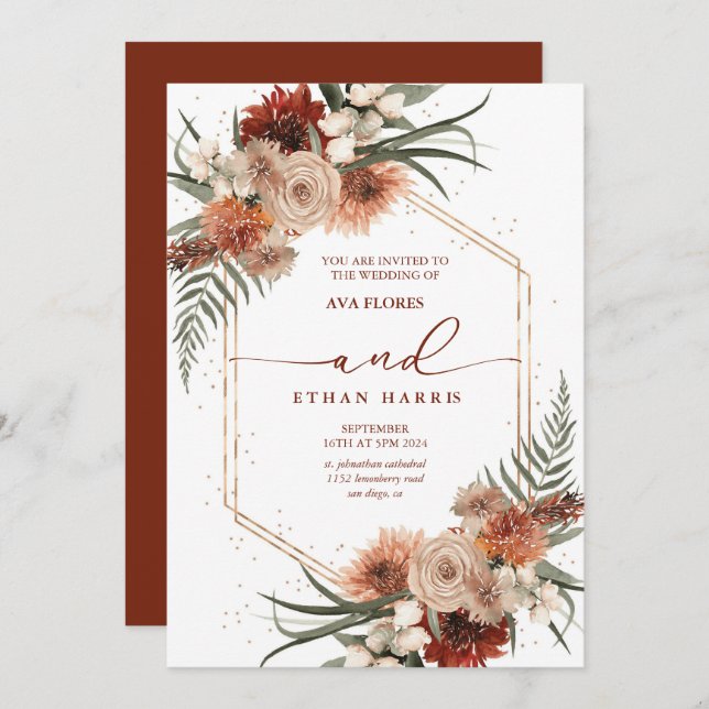 Invitación Boda de tramas de Terracotta moderna y sin tiempo (Anverso / Reverso)