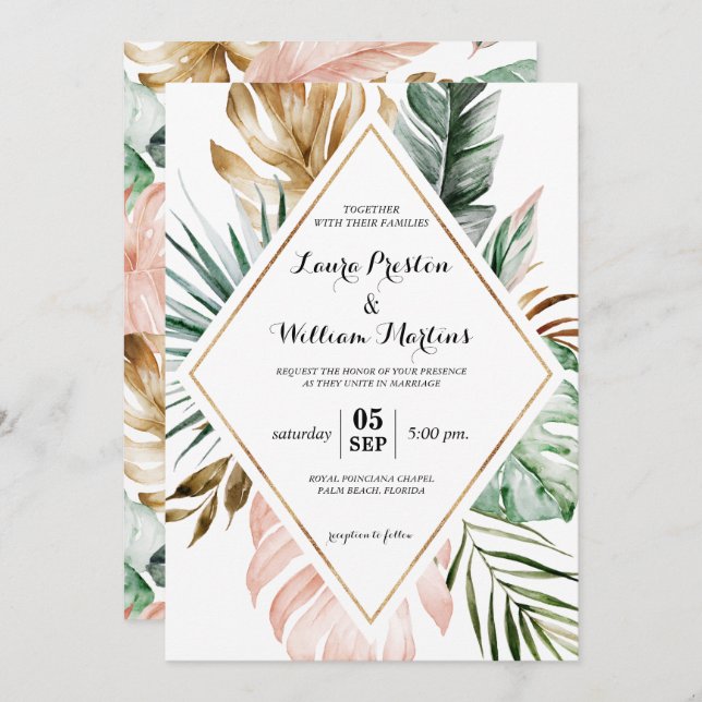 Invitación Boda de tramas geométricas Purpurina de hojas trop (Anverso / Reverso)