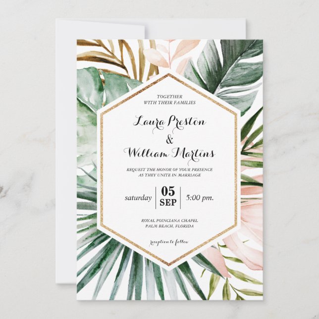 Invitación Boda de tramas Purpurina geométrico de hojas tropi (Anverso)