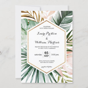 Invitación Boda de tramas Purpurina geométrico de hojas tropi