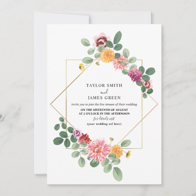 Invitación Boda de transmisión virtual en vivo con floral de  (Anverso)