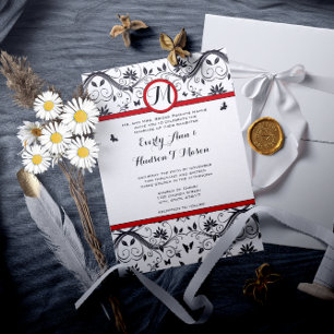 Invitación Boda de trineo rojo de damasco de mariposa negra y