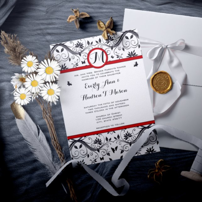 Invitación Boda de trineo rojo de damasco de mariposa negra y (Subido por el creador)