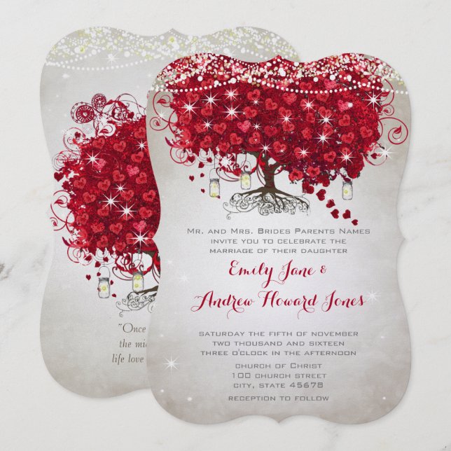 Invitación Boda de troncos de maleza rubio mason jar rojo Tre (Anverso / Reverso)