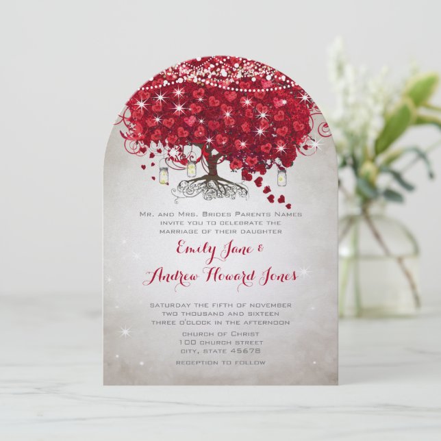 Invitación Boda de troncos de maleza rubio mason jar rojo Tre (Anverso de pie)