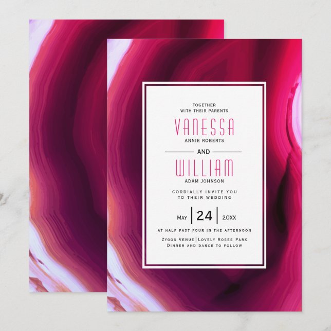 Invitación Boda de trozo de ágata rosa de fucsia (Anverso / Reverso)