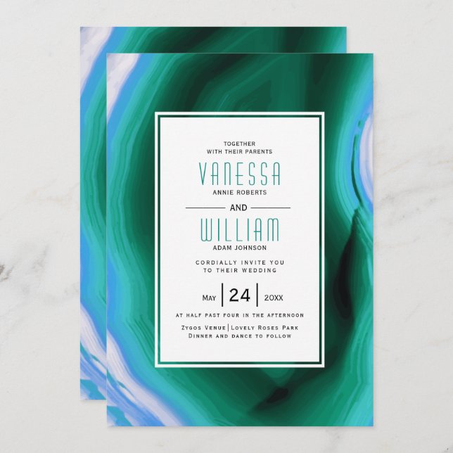 Invitación Boda de trozo de ágata verde y azul (Anverso / Reverso)