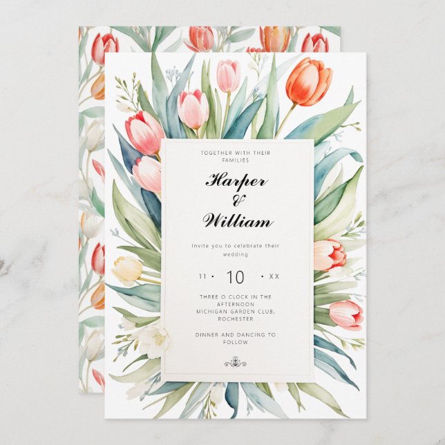 Invitación Boda de tulipán acuarela (Anverso / Reverso)
