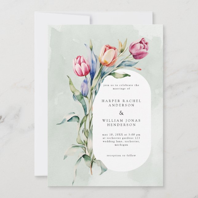 Invitación Boda de tulipanes acuarela de primavera (Anverso)