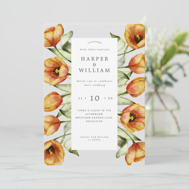 Invitación Boda de tulipanes de flores de manantial acuarela (Anverso de pie)