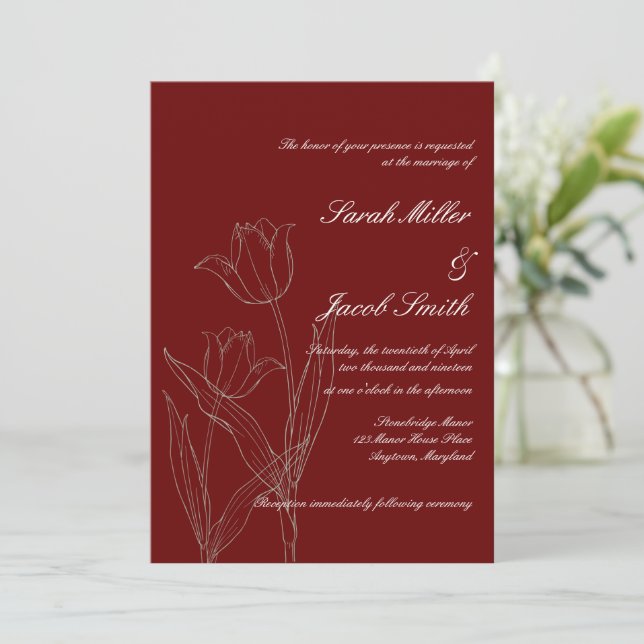 Invitación Boda de tulipanes Minimalistas rojos (Anverso de pie)