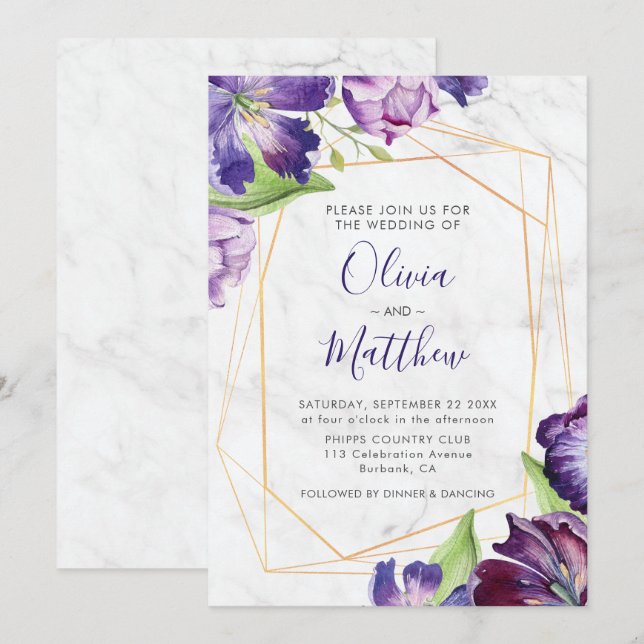 Invitación Boda de tulipanes morados geométricos de oro de má (Anverso / Reverso)