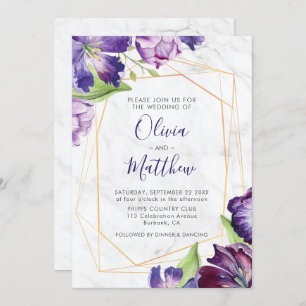 Invitación Boda de tulipanes morados geométricos de oro de má