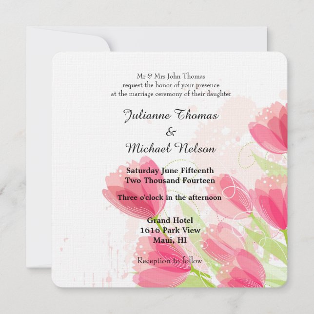 Invitación Boda de tulipanes rosa (Anverso)