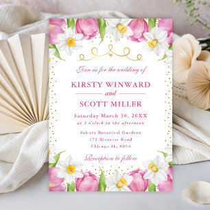Invitación Boda de Tulipanes y Narcisos Rosados al Acuarela