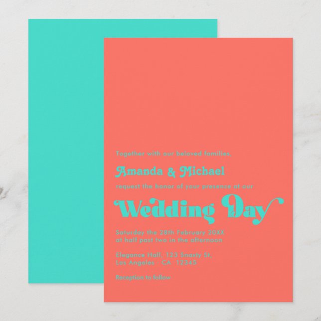 Invitación Boda de Turquesa y Coral (Anverso / Reverso)