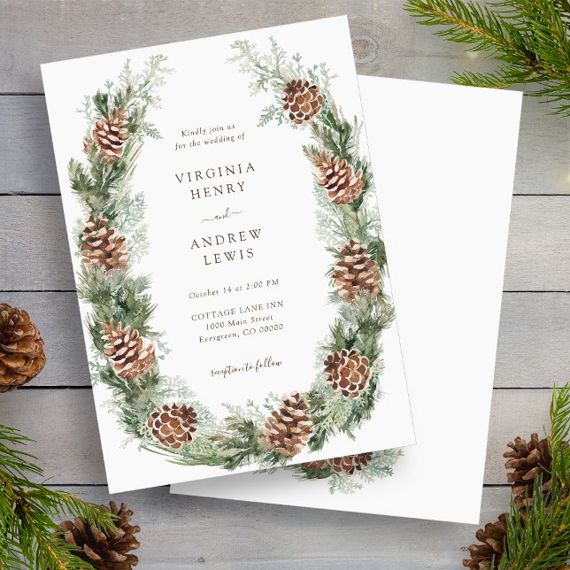 Invitación Boda de vacaciones de invierno (White Winter Holiday Pinecone Wedding Invitation by Painted Paperie
)