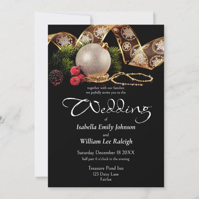 Invitación Boda de vacaciones de Navidades de plata negra de  (Anverso)
