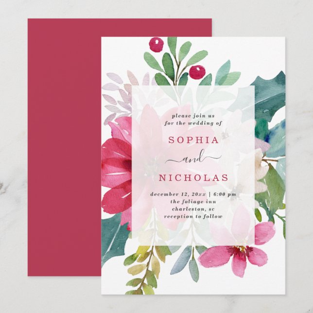 Invitación Boda de vacaciones de navidades | Floral brillante (Anverso / Reverso)