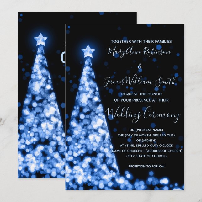 Invitación Boda de vacaciones elegante árbol de Navidad azul (Anverso / Reverso)