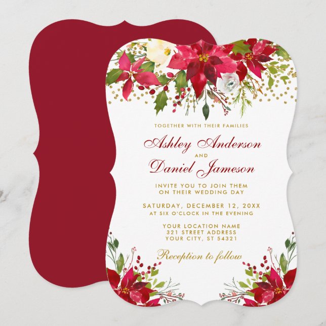 Invitación Boda de vacaciones Poinsettia Floral Gold Purpurin (Anverso / Reverso)