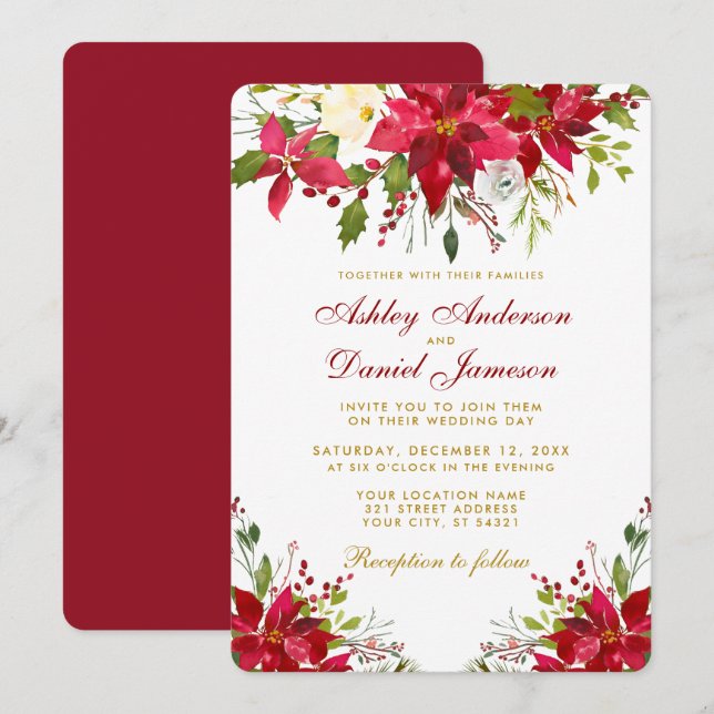 Invitación Boda de vacaciones Poinsettia Floral Gold Red R (Anverso / Reverso)