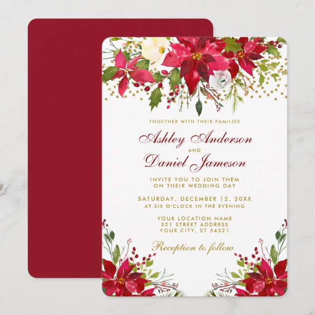 Invitación Boda de vacaciones Poinsettia Floral Red Gold Purp (Anverso / Reverso)