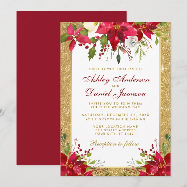 Invitación Boda de vacaciones Purpurina de oro rojo Floral Po (Anverso / Reverso)