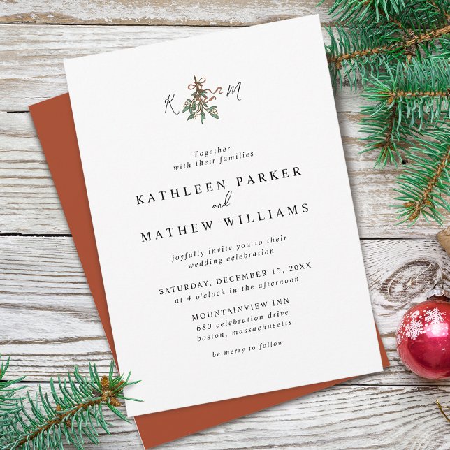 Invitación Boda de vacaciones simple de Mistletoe Initials (Mistletoe Initials Holiday Wedding Invitation)