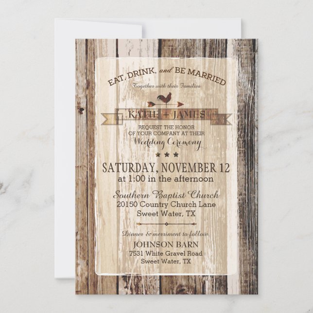 Invitación Boda de Vane, gallo de madera rústica (Anverso)