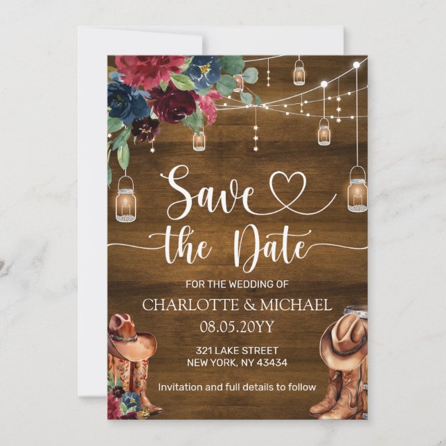 Invitación Boda de vaquero occidental rústico para guardar la (Anverso)