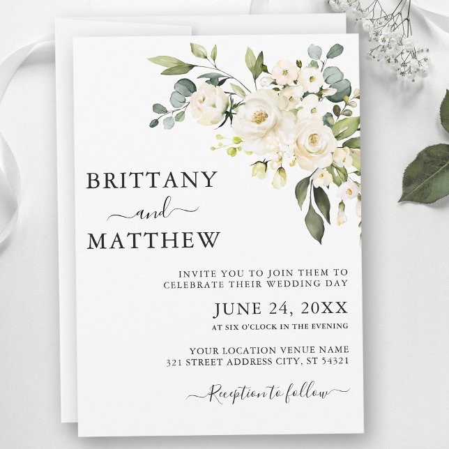 Invitación Boda de vegetación acuarela blanca y floral (Customize to change text size, color or text style.)