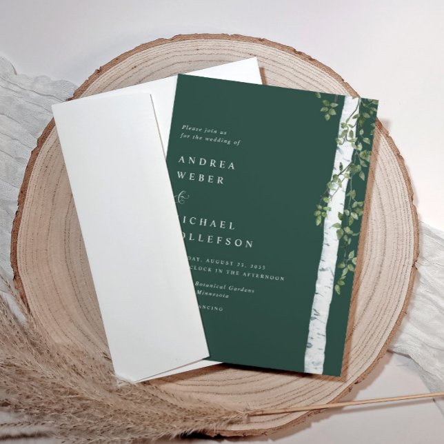 Invitación Boda de vegetación Aspen de árbol de ave esmeralda (Birch tree wedding invitations - emerald green)