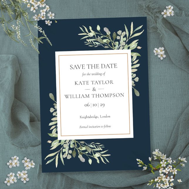 Invitación Boda de vegetación azul del mar profundo salva la  (Deep Sea Blue Greenery Wedding Save the Date Invitation)