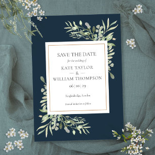 Invitación Boda de Vegetación Azul Marino Guardar la Fecha