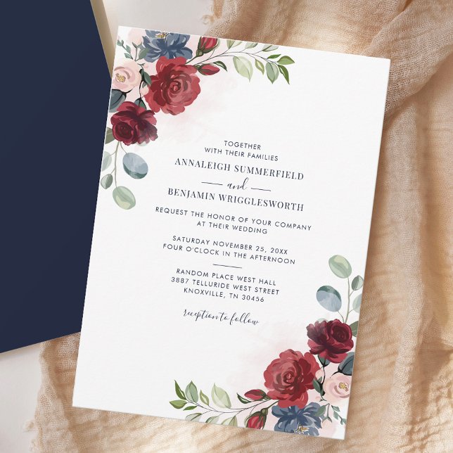 Invitación Boda de vegetación botánica floral borgoñona (Floral Botanical Burgundy Bloom Greenery Wedding Invitation)
