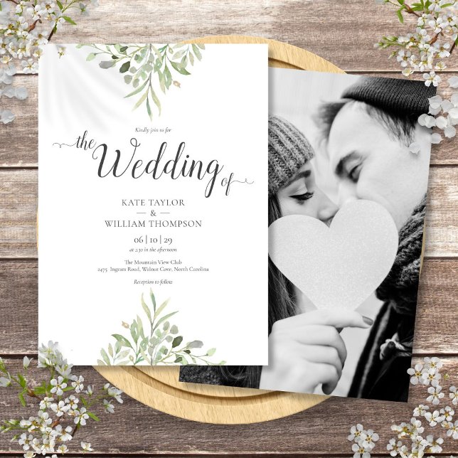 Invitación Boda de vegetación botánica guión gráfico (Botanical Greenery Wedding Photo Script Invitation)