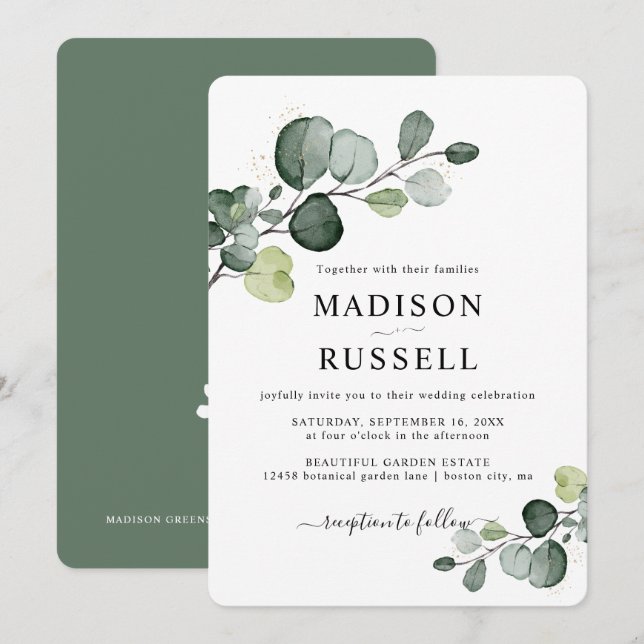 Invitación Boda de vegetación con salpicaduras de oro de euca (Anverso / Reverso)
