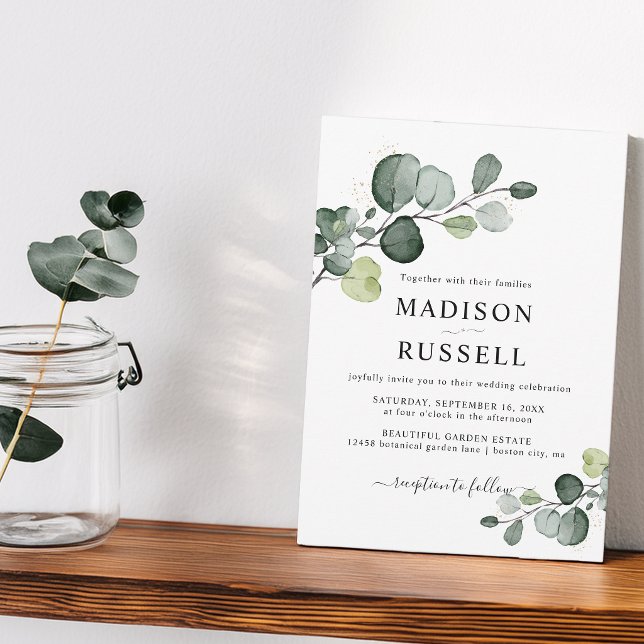 Invitación Boda de vegetación con salpicaduras de oro de euca (Eucalyptus Gold Splatter Greenery Wedding Invitation)