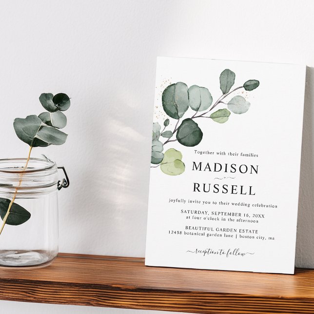 Invitación Boda de vegetación con salpicaduras de oro de euca (Eucalyptus Gold Splatter Greenery Wedding Invitation)