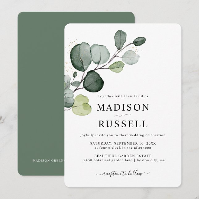 Invitación Boda de vegetación con salpicaduras de oro de euca (Anverso / Reverso)