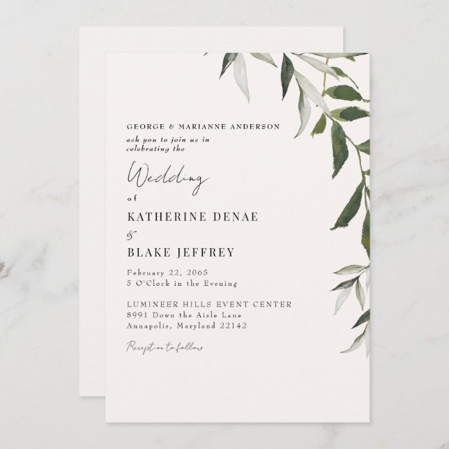 Invitación Boda de vegetación de champán claro (Anverso / Reverso)
