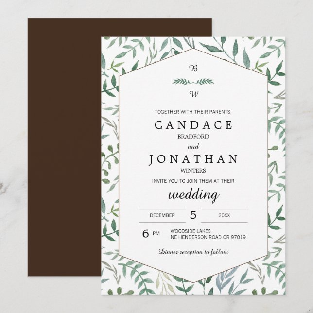 Invitación Boda de vegetación de color acuático (Anverso / Reverso)