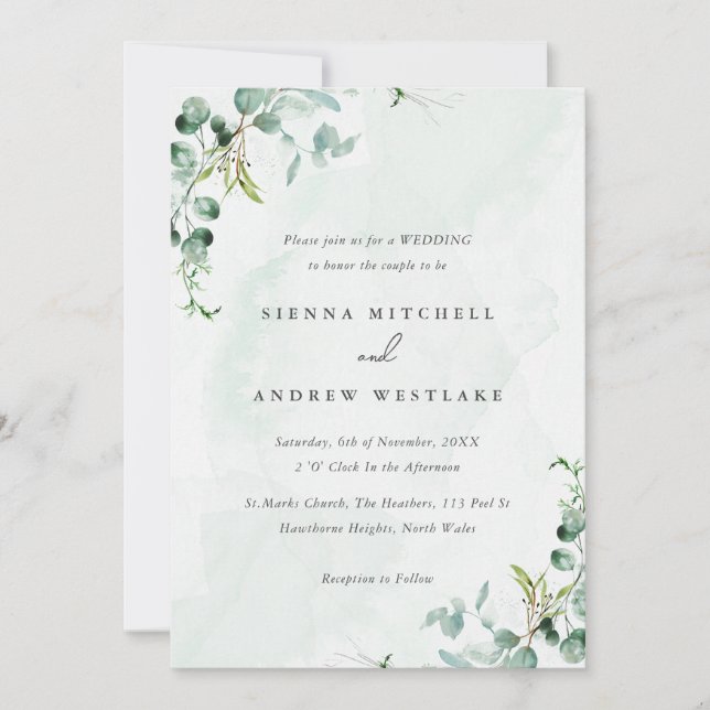 Invitación Boda de vegetación de color azul Eucaliptus (Anverso)