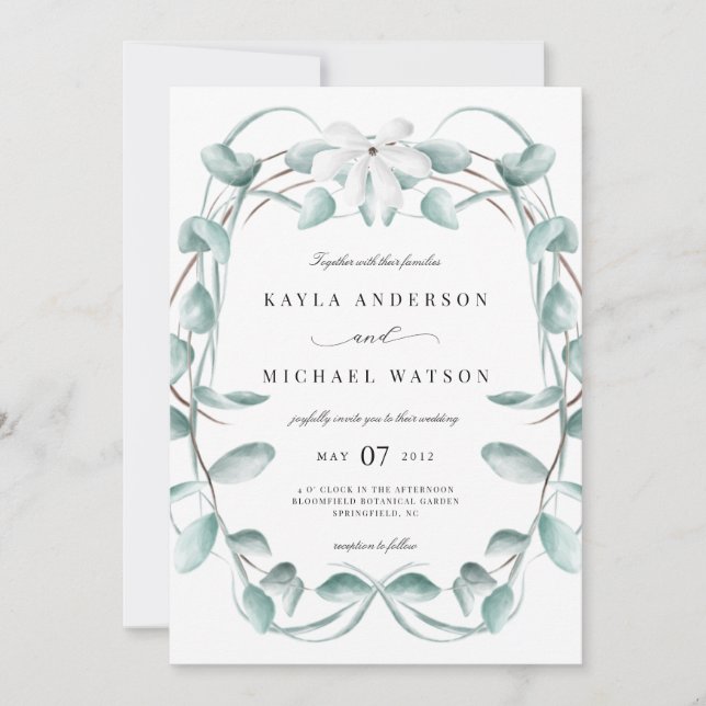 Invitación Boda de vegetación de eucalipto azul y agitado rús (Anverso)