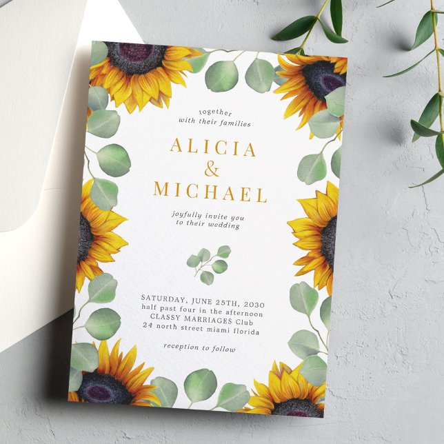 Invitación Boda de vegetación de eucalipto de girasol moderno (Subido por el creador)
